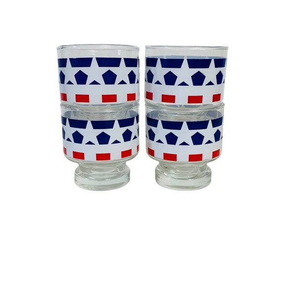 USA Patriotic Pedestal Glasses Set of 4 VTG Red White Blue Star Drinkware Cockta - Picture 11 of 16